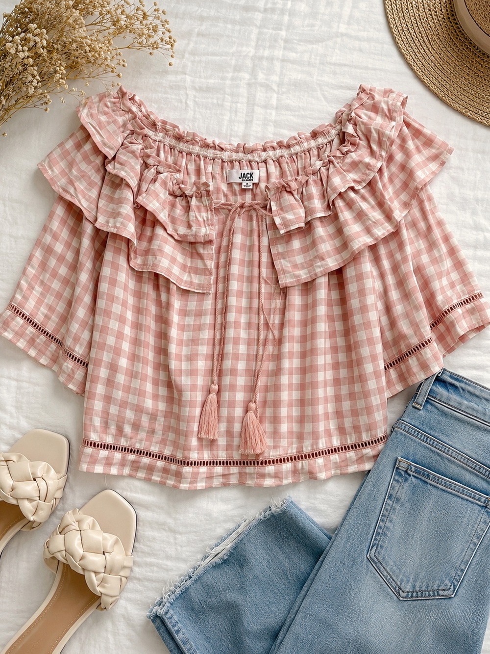 Jack by BB Dakota Pink Gingham Off-the-Shoulder Ruffle Top | Size Small